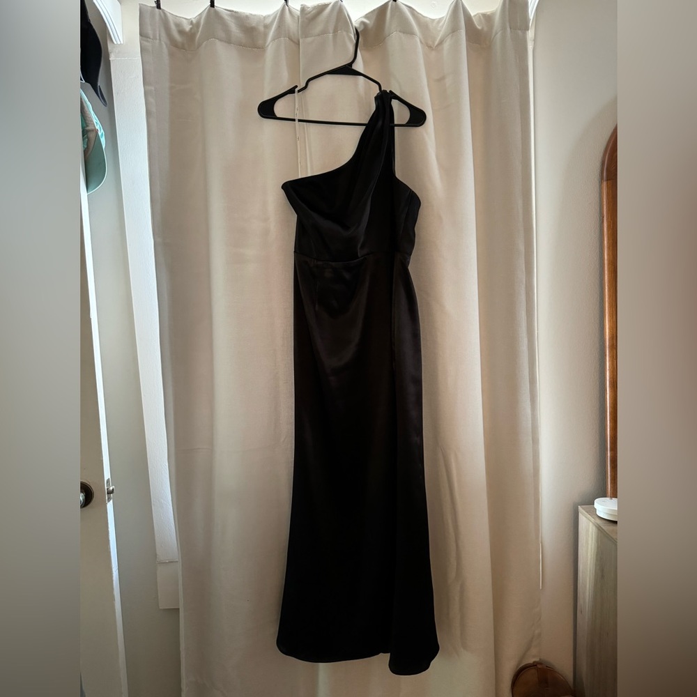 Black satin Lulu’s one shoulder maxi dress.